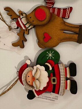 Gerson Wood Christmas Ornaments Set of 2 Santa Reindeer NWT Painted Holiday